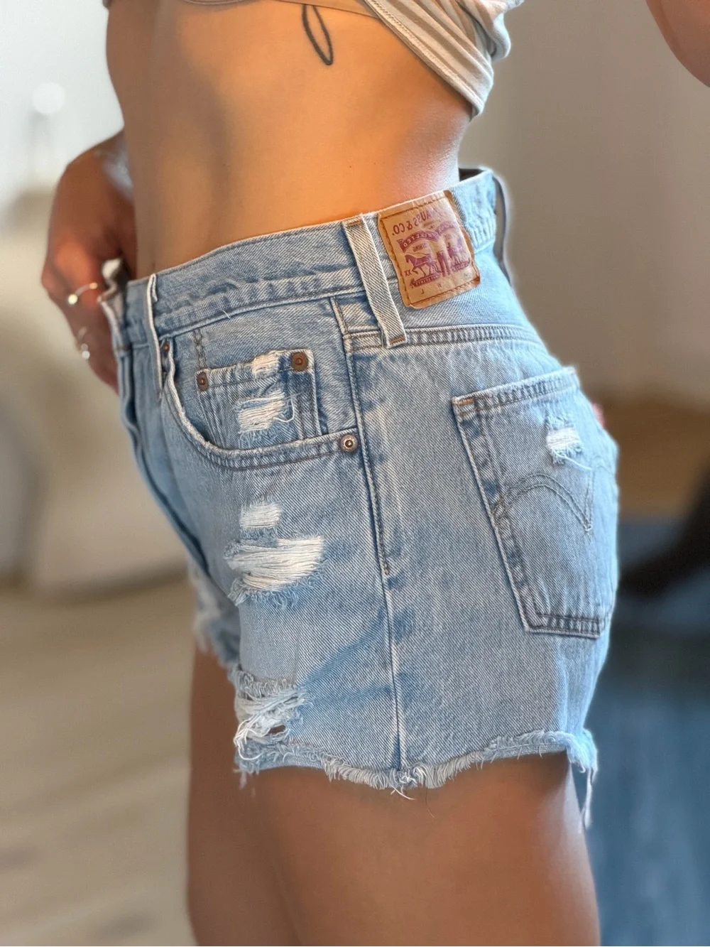 Levi's Light Blue Distressed High-Rise Denim Shorts - Picture 1 of 4